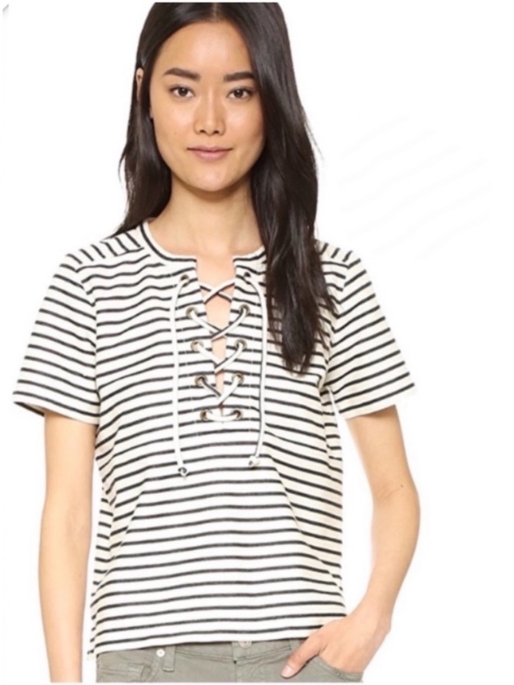 Madewell Striped Lace Up Top XS Black Cream